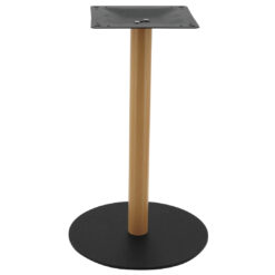 circular steel dining table base in matte black with oak finish pole