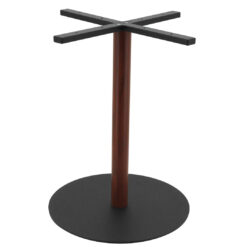 large circular steel dining table base in matte black with walnut look round pole